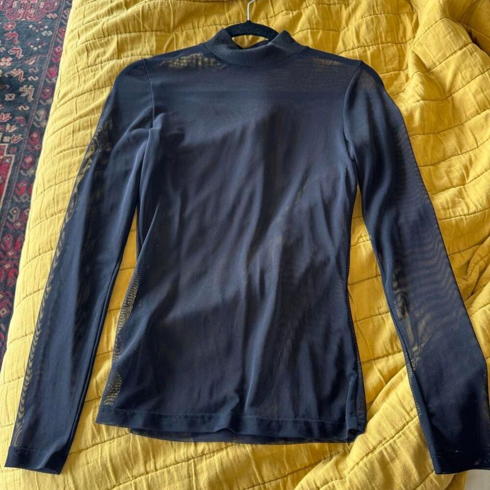 NLT mesh mock neck top, black sheer long sleeve